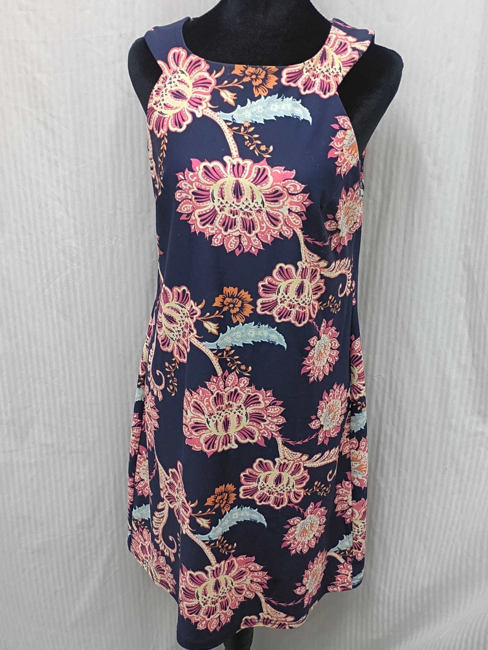 Aryeh Navy Floral Sleeveless Shift Dress with Pink Accents